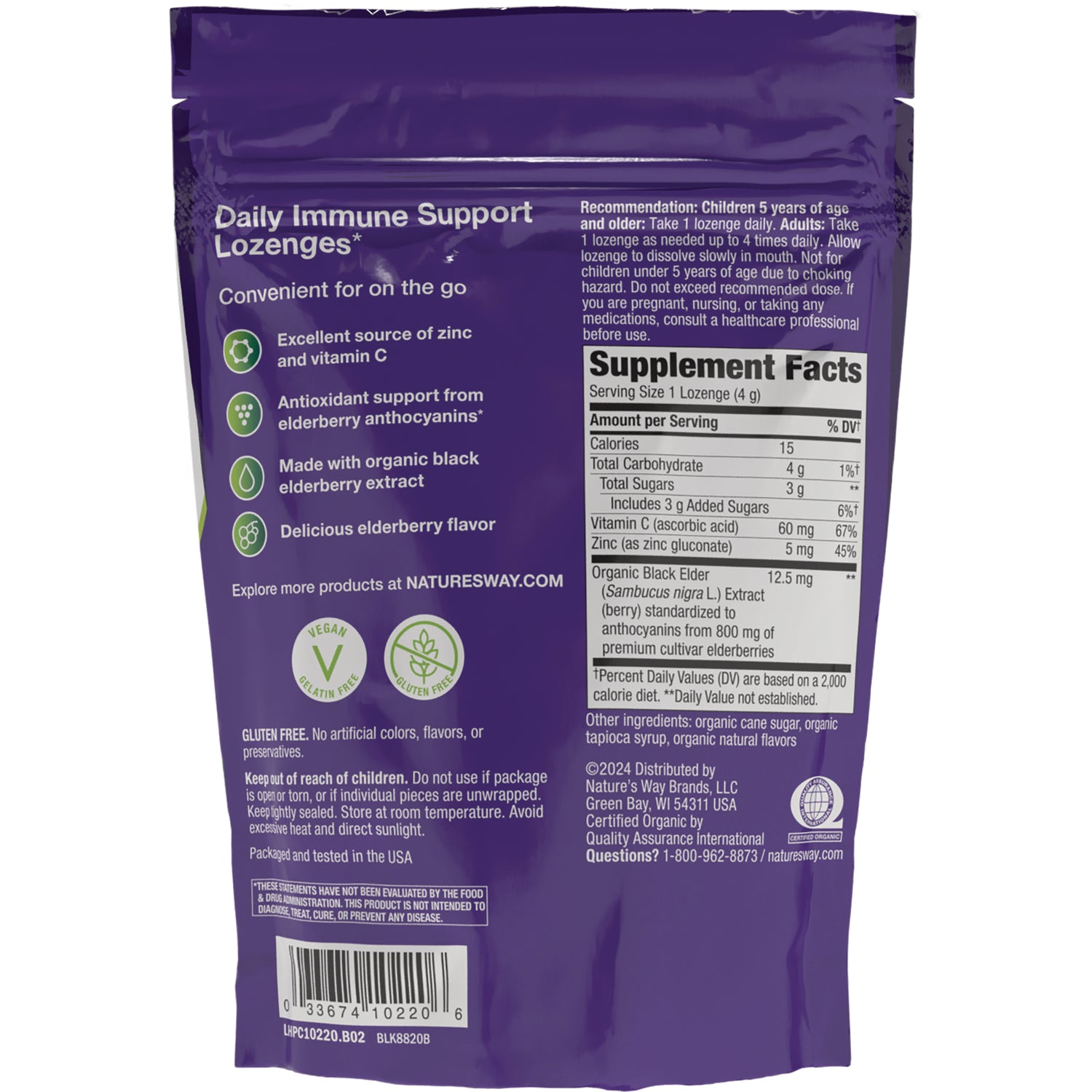 NW873 | Back of purple Daily Immune Support Lozenges pouch showing Supplement Facts panel and ingredients