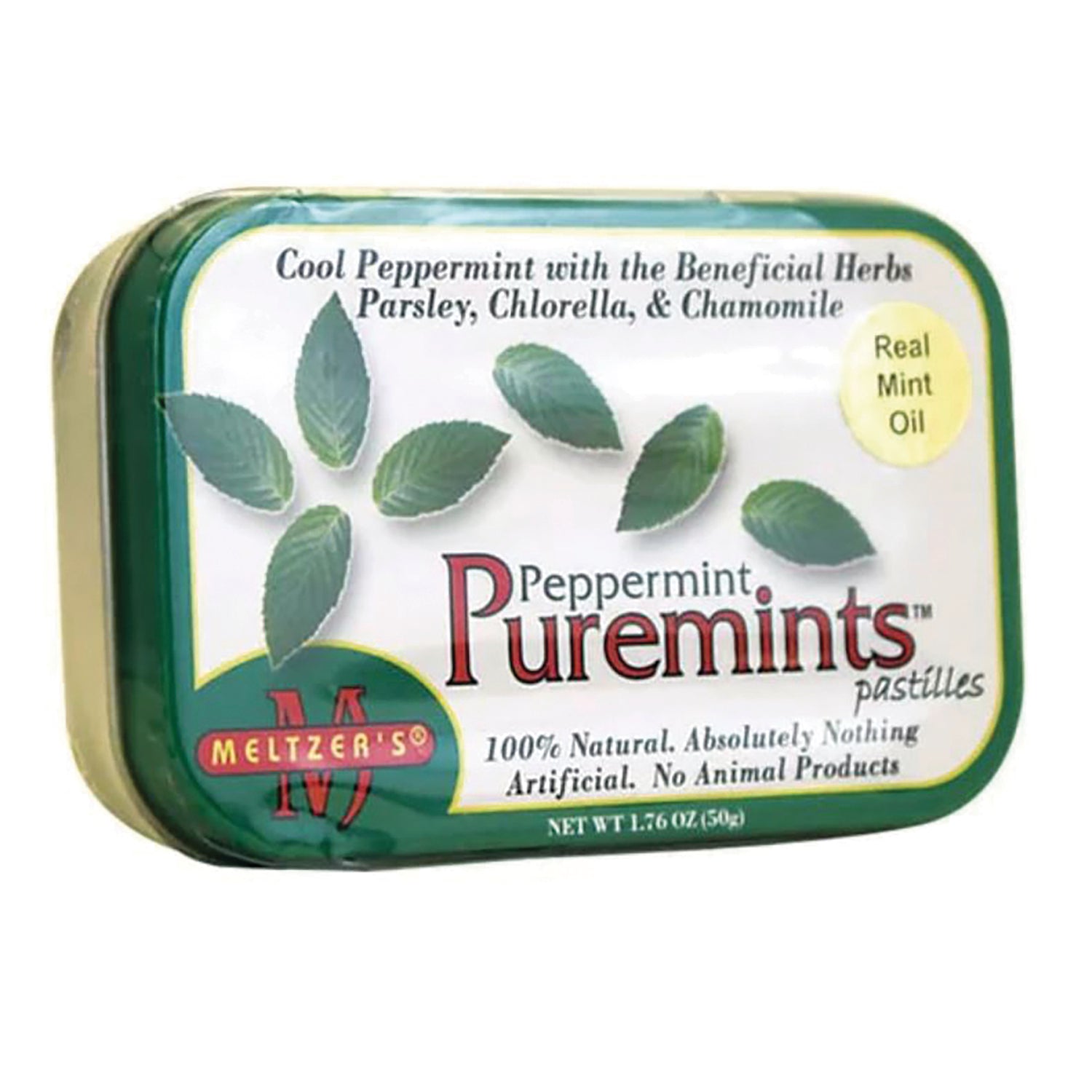 MLZ004 | Meltzer's Peppermint Puremints tin with mint leaves and label reading Real Mint Oil 100% Natural