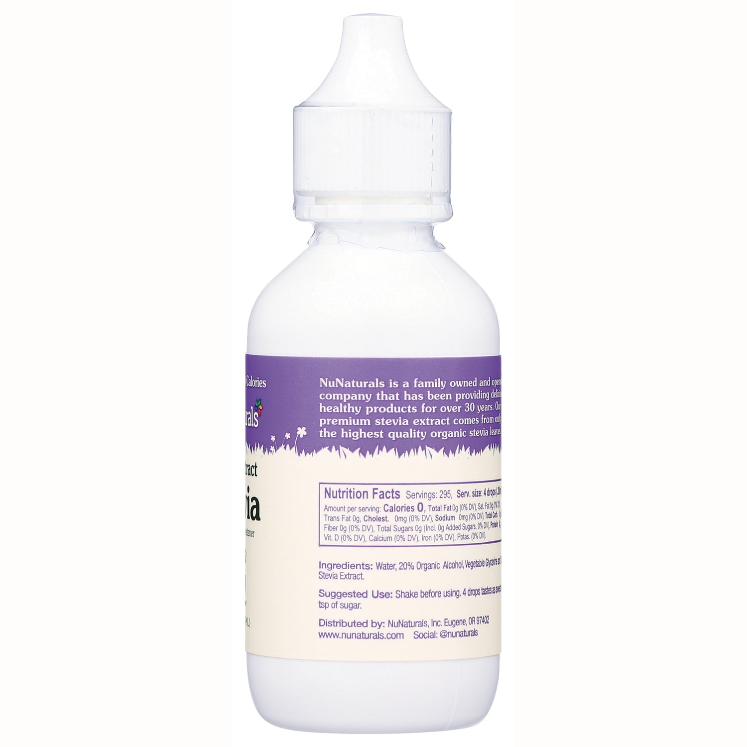 NN051 | Back of white squeeze bottle with purple label showing Nutrition Facts, ingredients, and suggested use