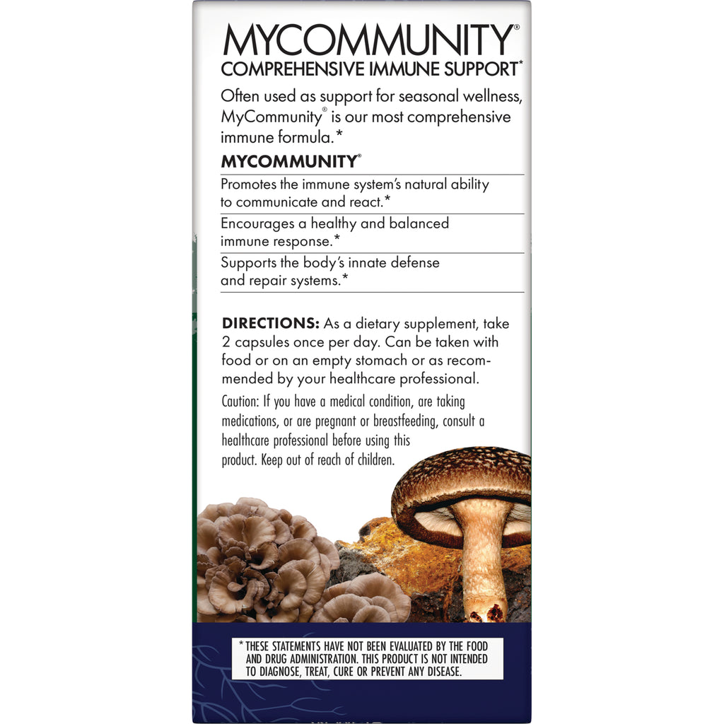 FUN002 | Back label of MyCommunity supplement showing directions, caution text and mushroom images - Thumbnail