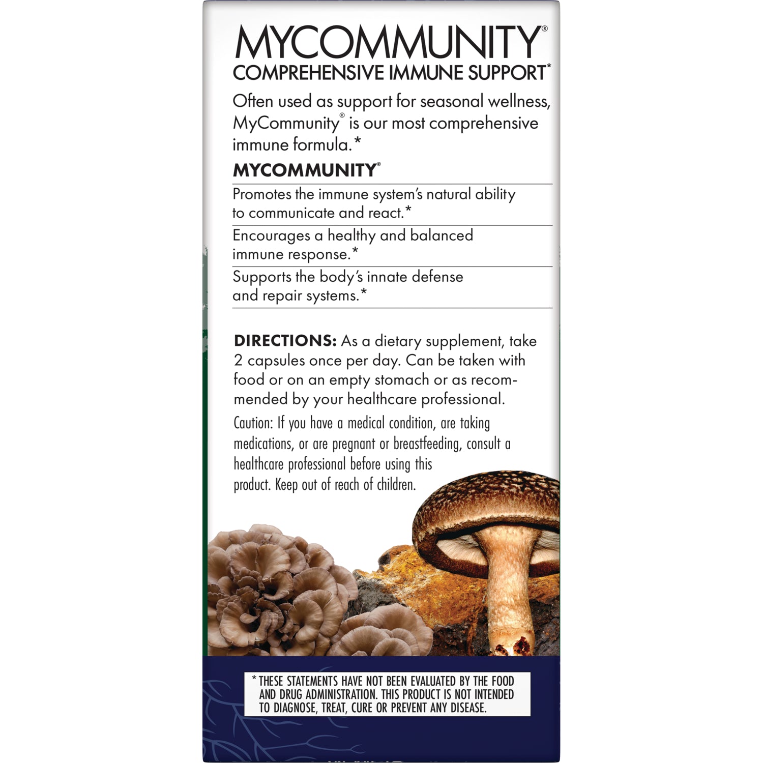 FUN002 | Back label of MyCommunity supplement showing directions, caution text and mushroom images