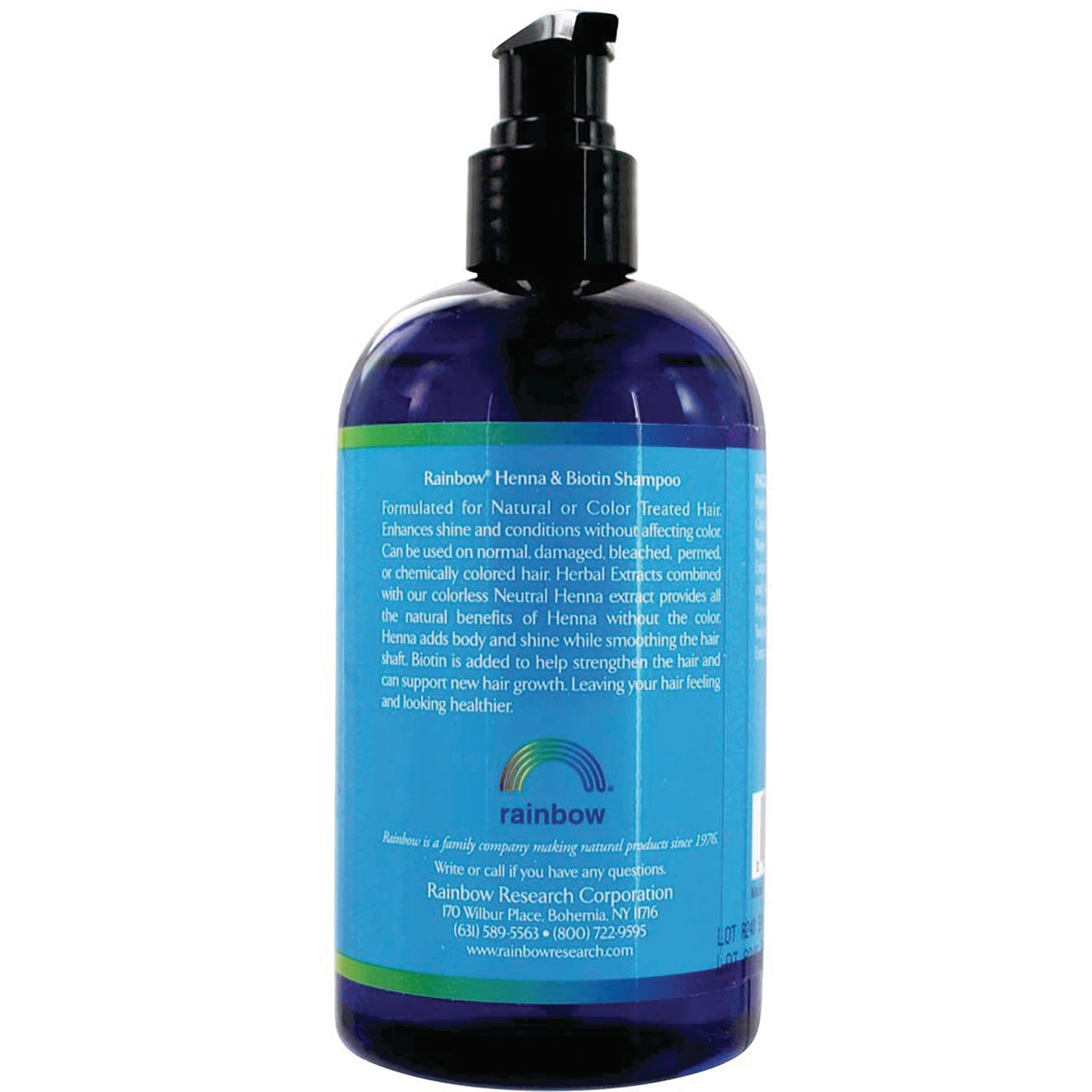RBR003 | back of blue pump bottle labeled Rainbow Henna & Biotin Shampoo showing ingredient text and rainbow logo
