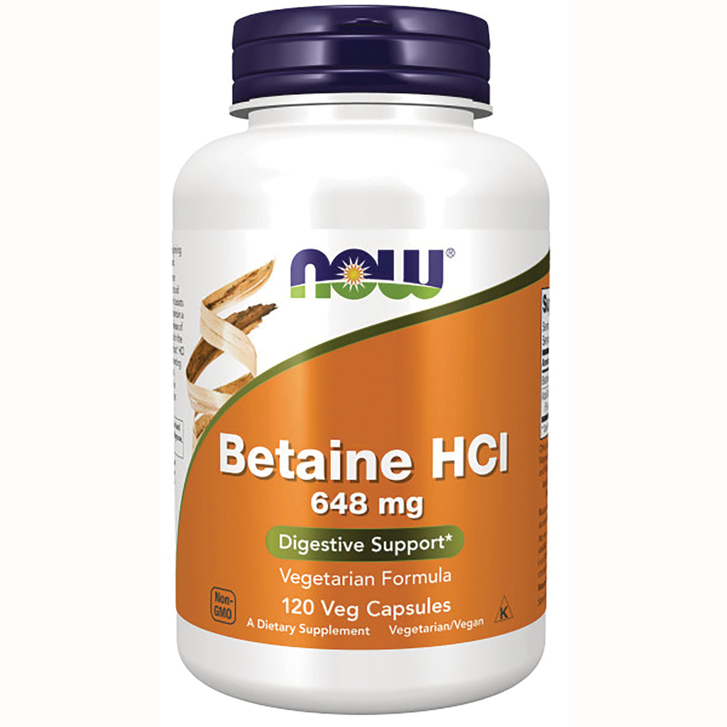 NWF286 | NOW Betaine HCl 648 mg white bottle with orange label, 120 veg capsules - Thumbnail