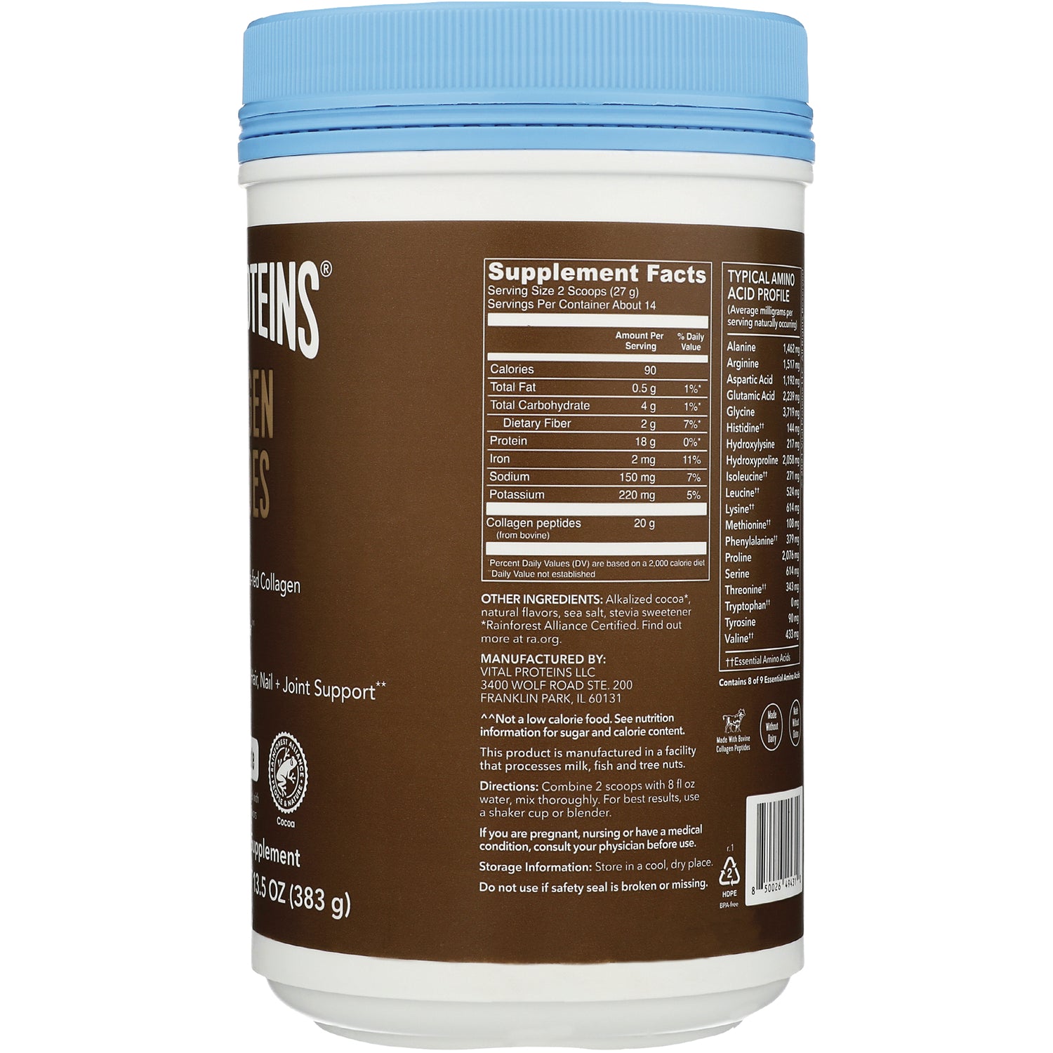 VPR052 | Back label with Supplement Facts and ingredients on collagen peptides tub with blue lid