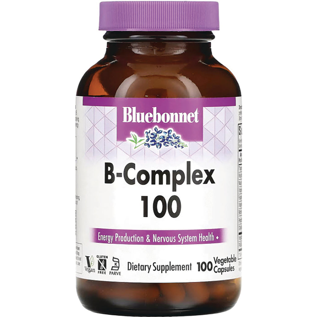 BLU054 | Bluebonnet B-Complex 100 brown glass bottle with purple cap, dietary supplement label Energy Production & Nervous System Health - Thumbnail