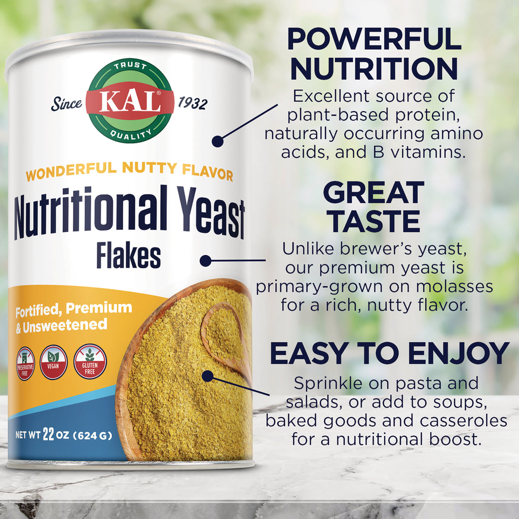 KL485 | Product infographic of KAL Nutritional Yeast Flakes can with callouts Powerful Nutrition, Great Taste, Easy to Enjoy - Thumbnail