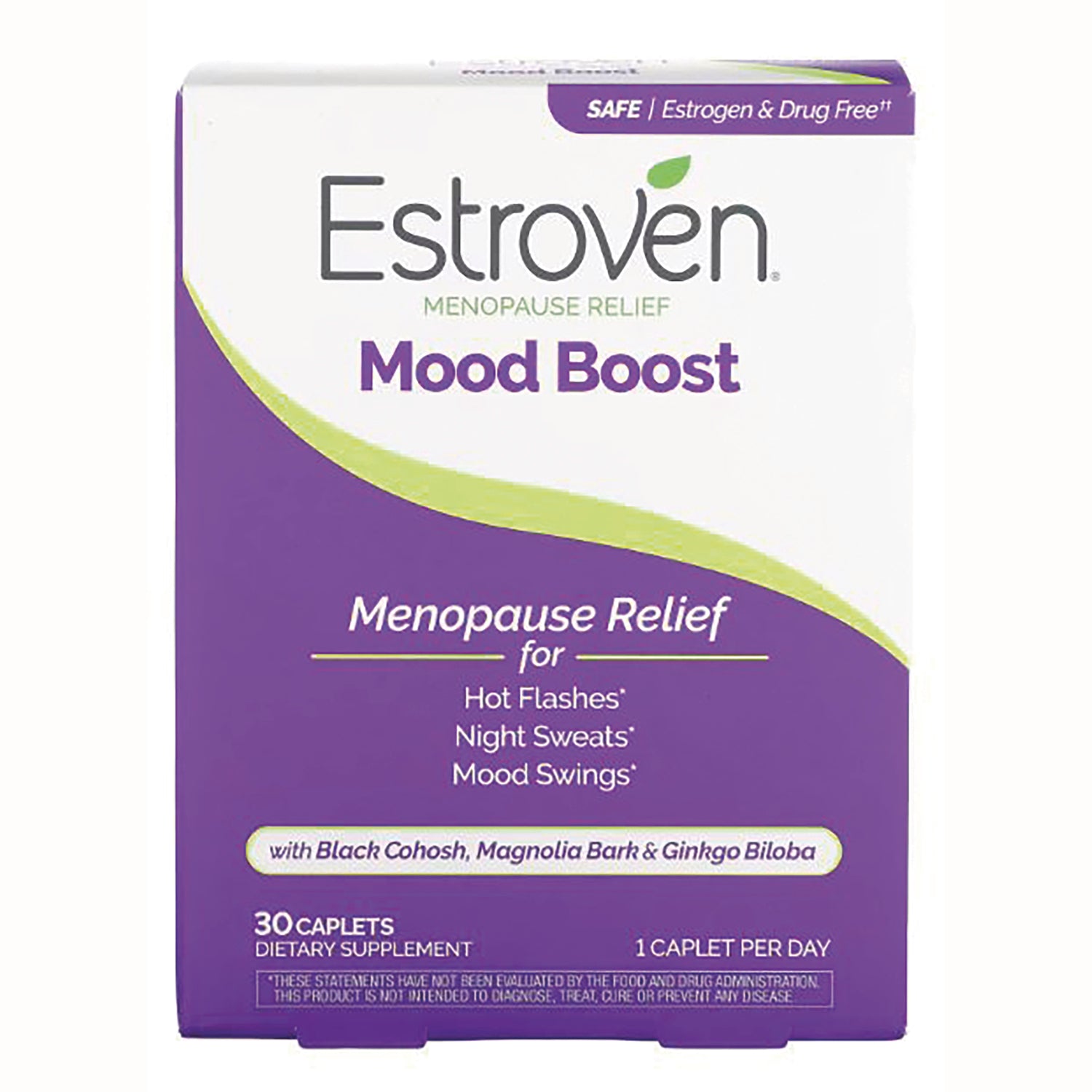 AFB005 | Estroven Mood Boost menopause relief box, 30 caplets, lists Black Cohosh, Magnolia Bark & Ginkgo Biloba