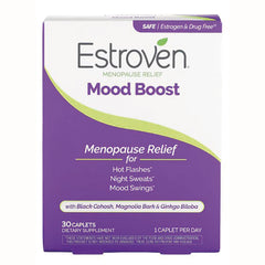 AFB005 | Estroven Mood Boost menopause relief box, 30 caplets, lists Black Cohosh, Magnolia Bark & Ginkgo Biloba