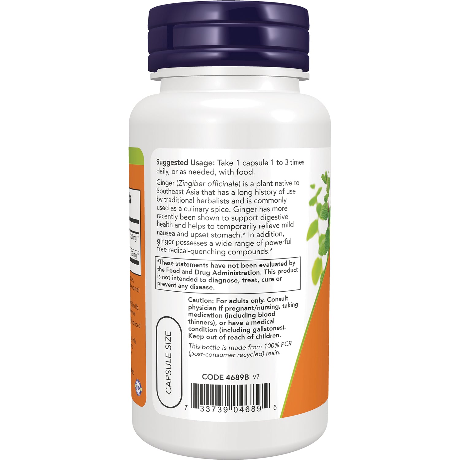 NWF562 | Back label of white supplement bottle showing suggested usage, caution text, barcode and capsule size graphic