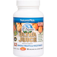 NTP207 | Natures Plus Organic Ultra Juice bottle showing label, 90 organic bi-layered tablets, 32 whole fruits and vegetables