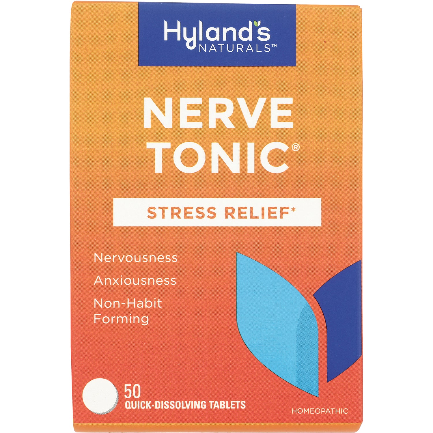 HY257 | Hyland's Naturals Nerve Tonic Stress Relief box, orange packaging, 50 quick-dissolving tablets