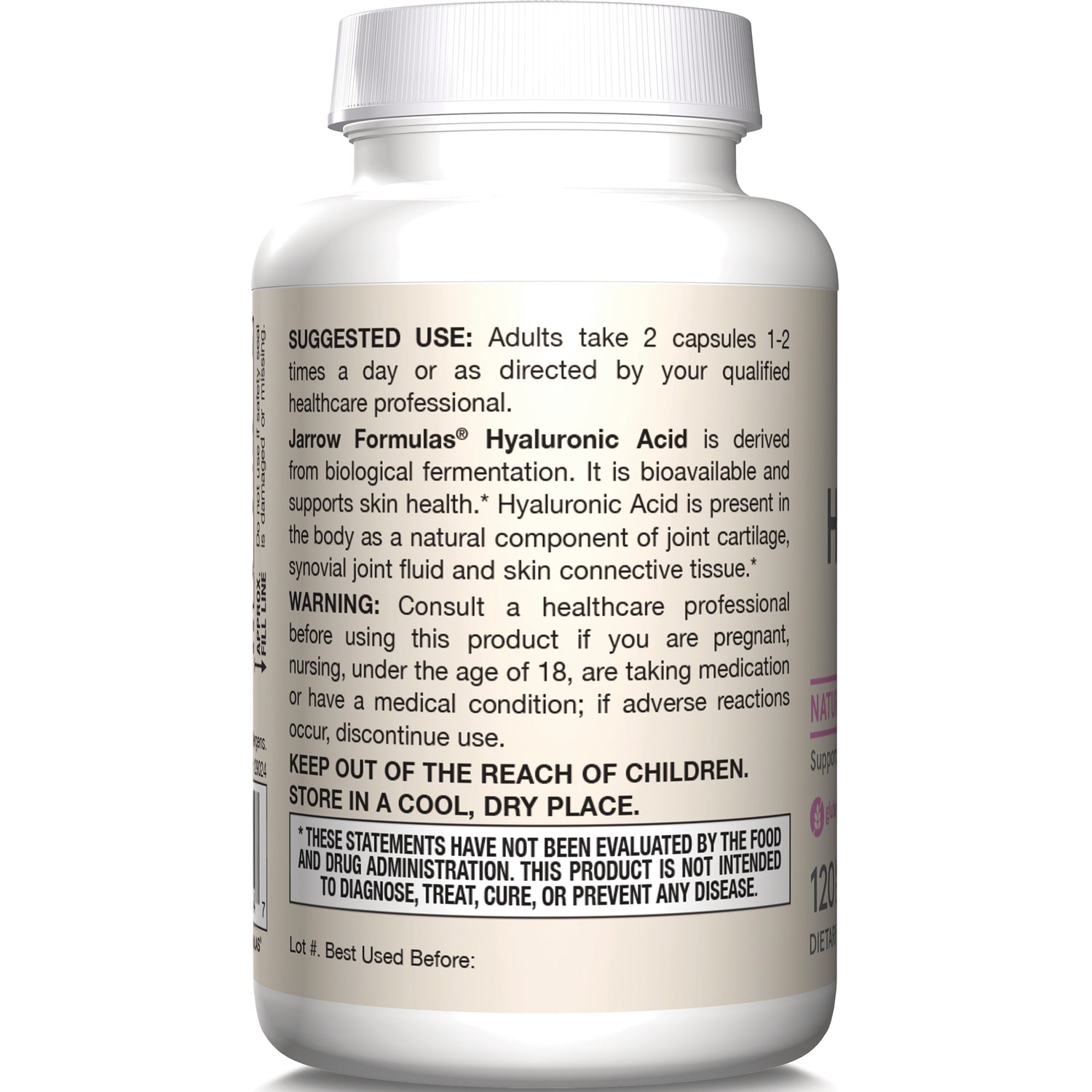 JR192 | Back label of white supplement bottle with suggested use, warnings, keep out of reach of children and FDA disclaimer