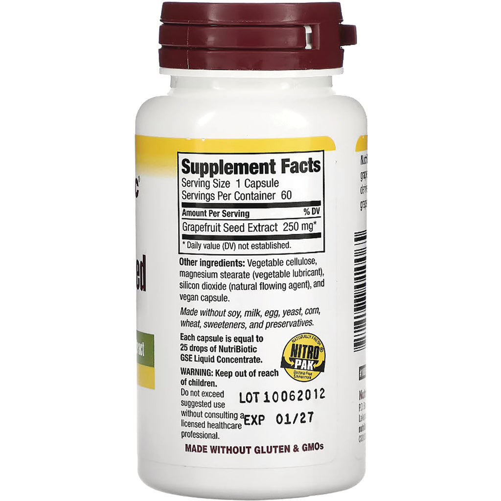 NUB014 | Back of white supplement bottle showing Supplement Facts with Grapefruit Seed Extract 250 mg, ingredients, lot and EXP 01/27 - Thumbnail