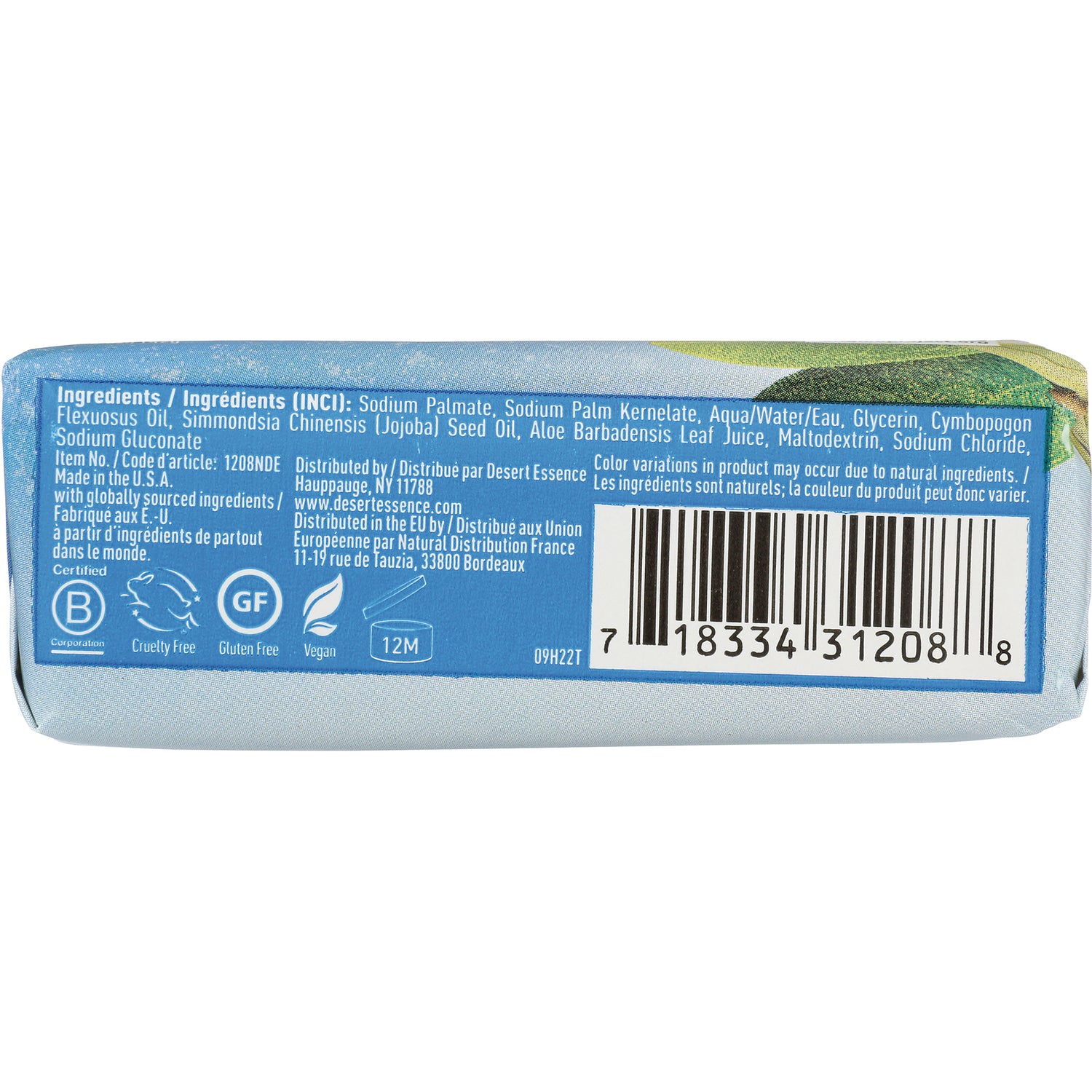 DST081 | back of soap box with ingredients list, barcode, and cruelty free, gluten free, vegan icons
