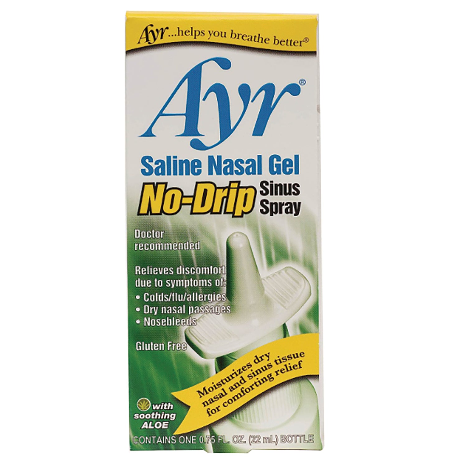 BFA004 | Ayr Saline Nasal Gel No-Drip Sinus Spray front packaging showing applicator image