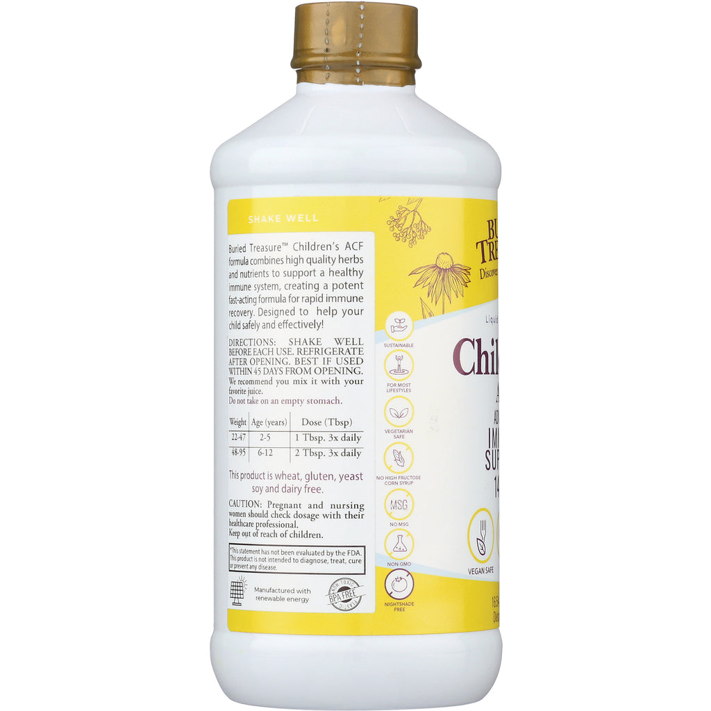 BTR016 | back label of children's liquid supplement bottle showing Shake Well header, directions, dosage chart and icons - Thumbnail