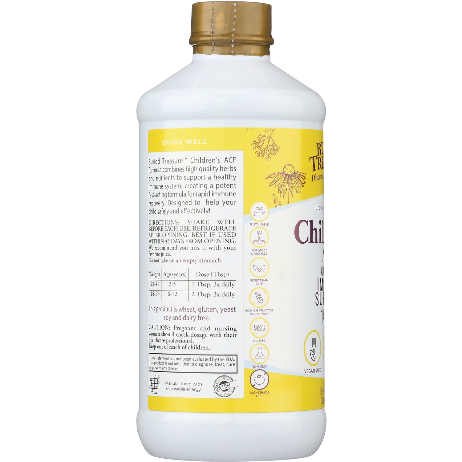 BTR016 | back label of children's liquid supplement bottle showing Shake Well header, directions, dosage chart and icons