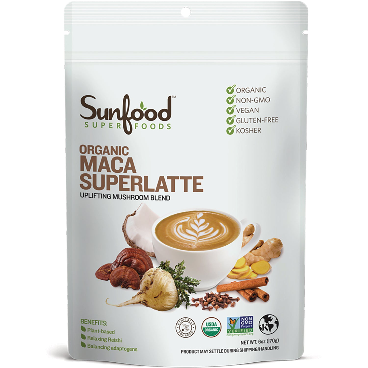 SNF030 | Sunfood Superfoods Organic Maca Superlatte uplifting mushroom blend, 6 oz pouch