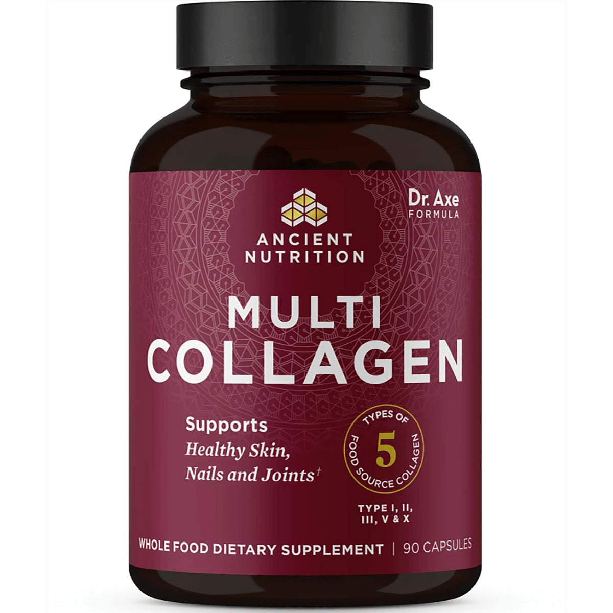 ATN067 | Ancient Nutrition Multi Collagen supplement bottle with maroon label, 90 capsules, supports healthy skin, nails and joints