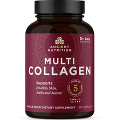 ATN067 | Ancient Nutrition Multi Collagen supplement bottle with maroon label, 90 capsules, supports healthy skin, nails and joints