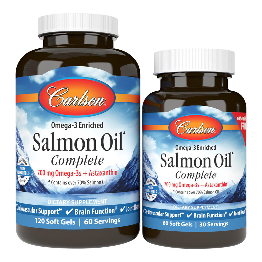 CSN229 | Two Carlson Norwegian Salmon Oil Complete bottles front view, 700 mg Omega-3s + Astaxanthin - Thumbnail