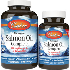 CSN229 | Two Carlson Norwegian Salmon Oil Complete bottles front view, 700 mg Omega-3s + Astaxanthin