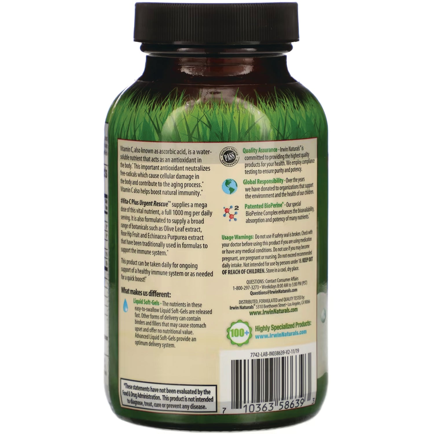 IR192 | Back of brown supplement bottle label showing ingredients, usage warnings, certification icons, and barcode