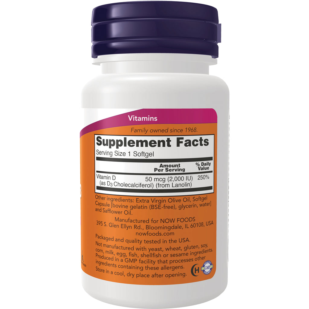 NWF158 | Back of white supplement bottle showing Supplement Facts label, Serving Size 1 Softgel and Vitamin D 50 mcg (2,000 IU) with ingredients - Thumbnail