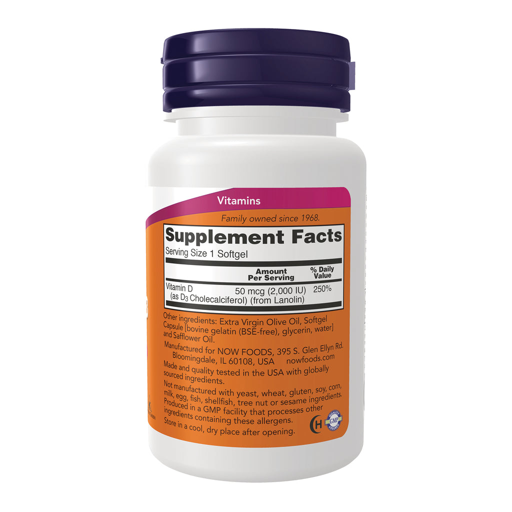 NWF158 | Back of white supplement bottle showing Supplement Facts label, Serving Size 1 Softgel and Vitamin D 50 mcg (2,000 IU) with ingredients - Thumbnail