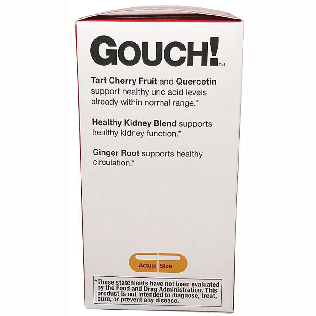 RED003 | product infographic panel reading GOUCH! listing Tart Cherry Fruit and Quercetin, Healthy Kidney Blend, Ginger Root and actual size capsule - Thumbnail