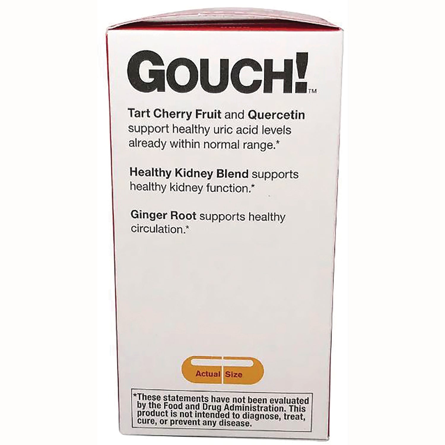 RED003 | product infographic panel reading GOUCH! listing Tart Cherry Fruit and Quercetin, Healthy Kidney Blend, Ginger Root and actual size capsule