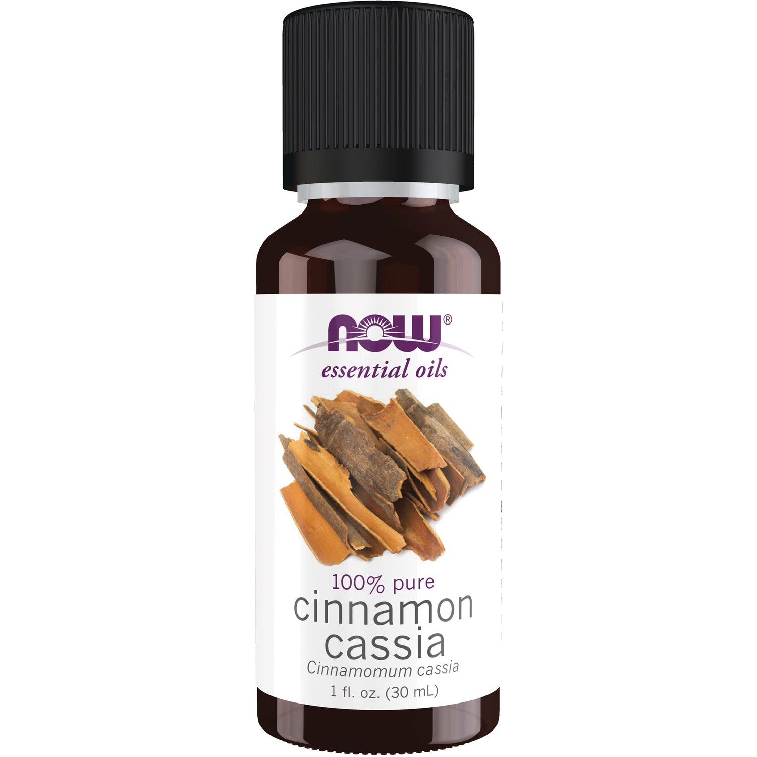 NWF1015 | NOW essential oils 1 fl oz cinnamon cassia amber bottle with black cap labeled 100% pure