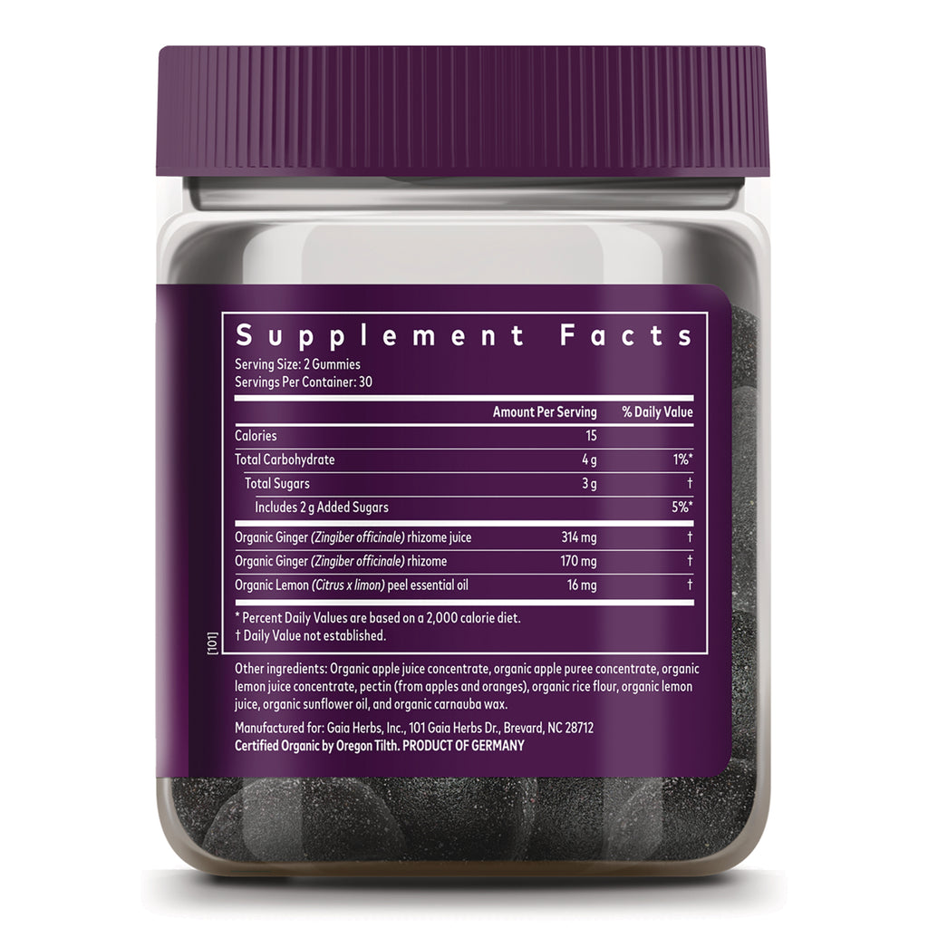 GH164 | Supplement facts and ingredient panel on purple jar back showing serving size, calories, organic ginger and lemon ingredients - Thumbnail