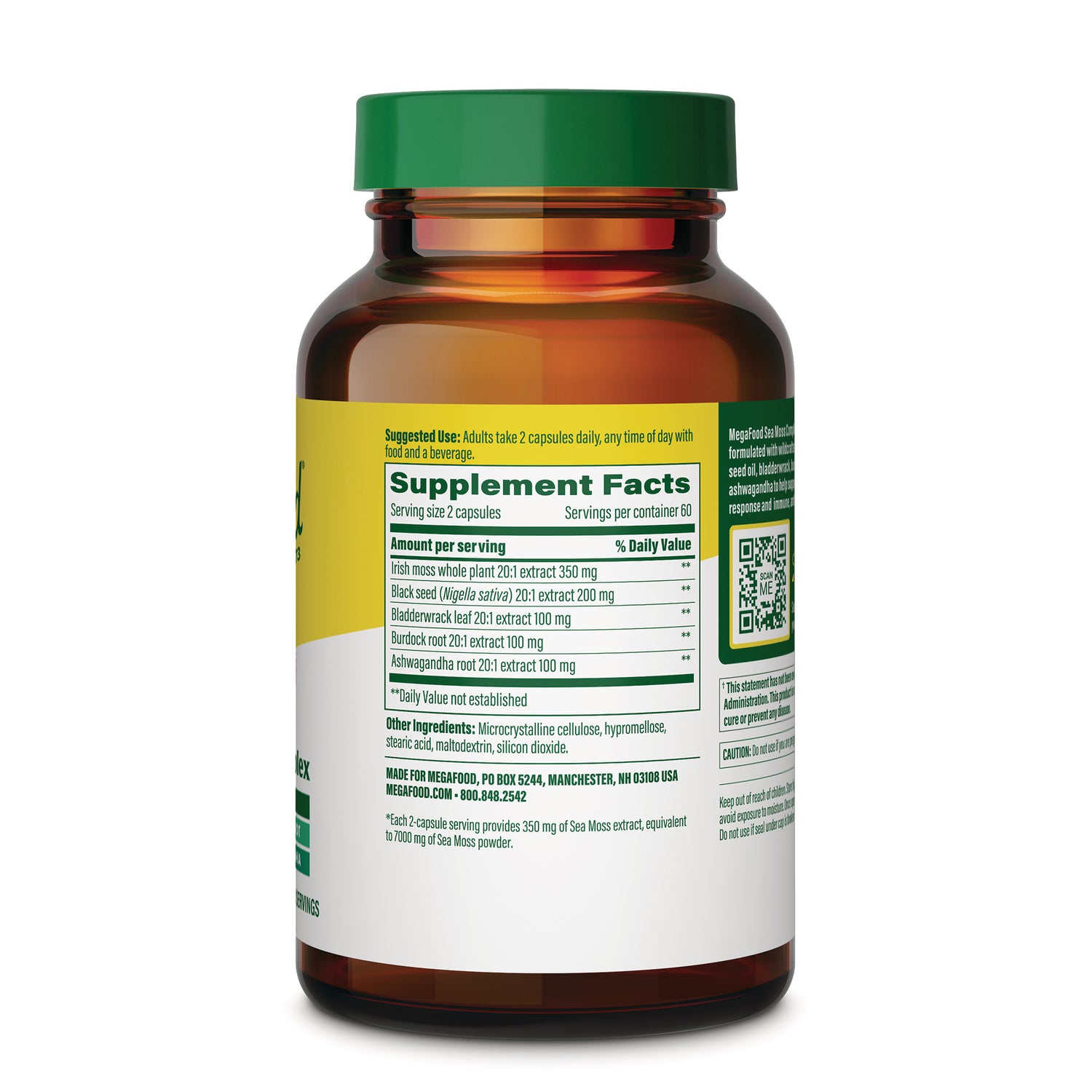 MGF147 | Back of amber supplement bottle showing Supplement Facts panel, ingredient list and QR code