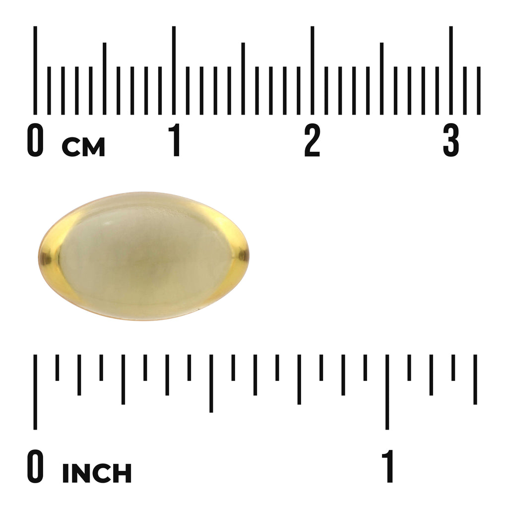 SWE070 | Gold oval softgel capsule on measurement scales showing 0 CM and 0 INCH - Thumbnail