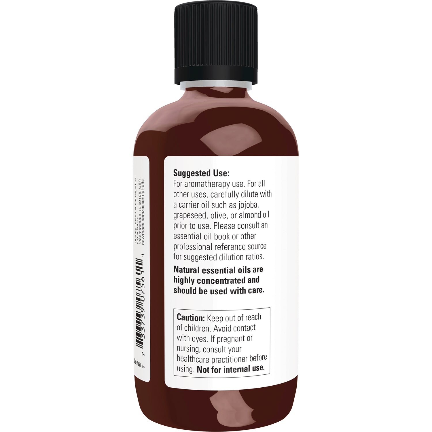 NWF132 | Back of amber bottle showing suggested use text, caution box, and barcode on white label