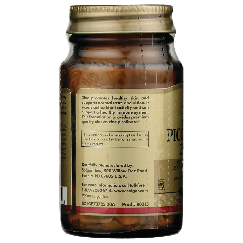 Back label of brown supplement jar showing zinc benefits, Solgar manufacturing info, contact and product numbers - Thumbnail