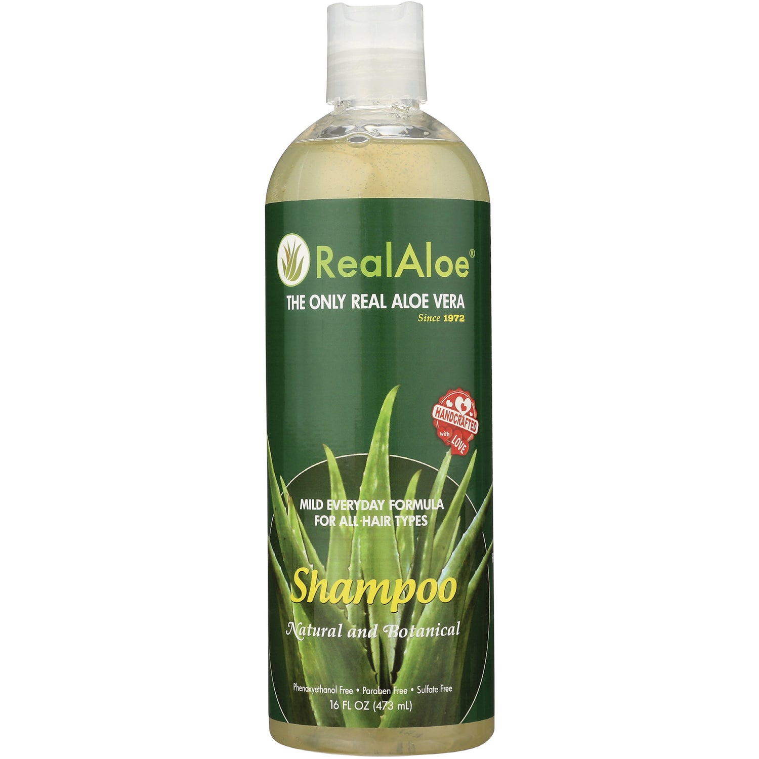 RA011 | RealAloe shampoo 16 fl oz bottle with green label showing aloe graphic and Shampoo Natural and Botanical