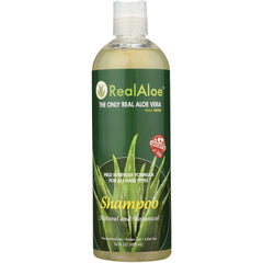 RA011 | RealAloe shampoo 16 fl oz bottle with green label showing aloe graphic and Shampoo Natural and Botanical
