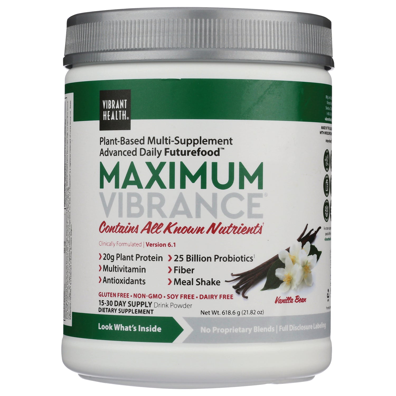 VH033 | Vibrant Health Maximum Vibrance Vanilla Bean plant-based multi-supplement powder, front of tub