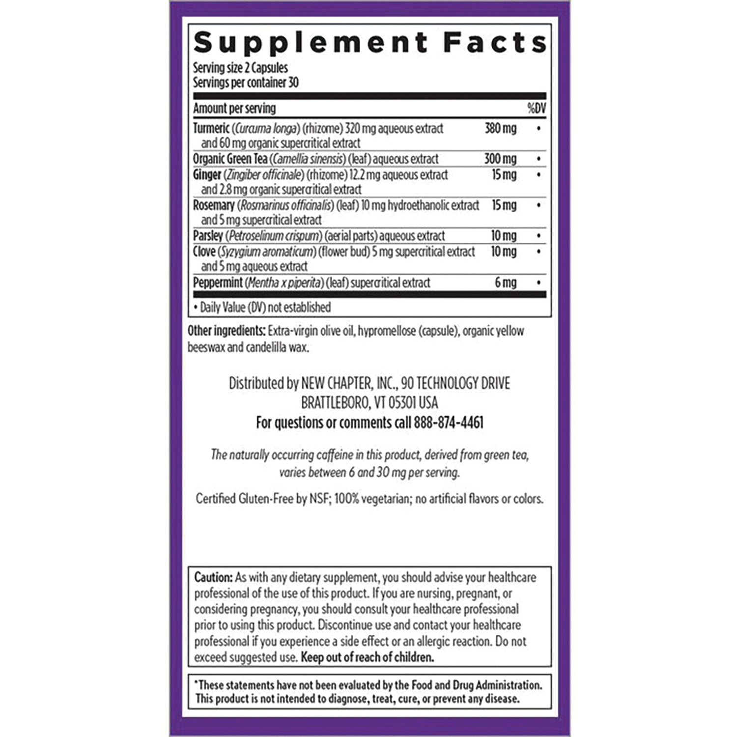 NWC305 | Back label showing Supplement Facts panel, ingredient list, distributor info, and caution box