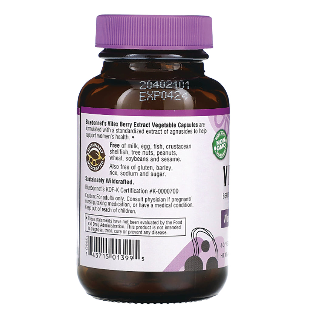 BLU131 | Back of amber supplement bottle with purple cap showing ingredient and allergen information and barcode - Thumbnail