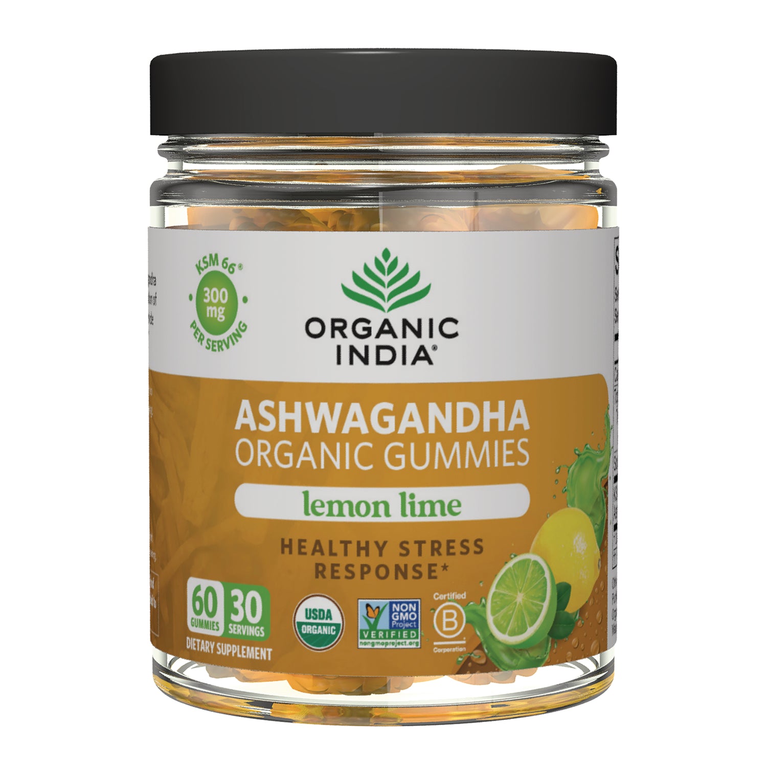 RGN108 | Organic India Ashwagandha organic gummies lemon lime front jar