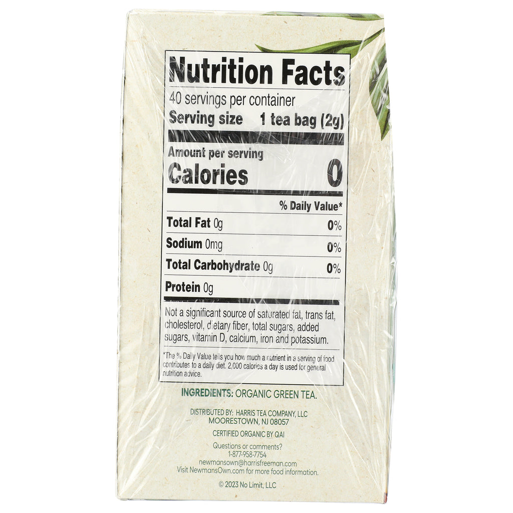 NWM023 | Back panel with Nutrition Facts and ingredient list showing serving size 1 tea bag (2g) and organic green tea - Thumbnail