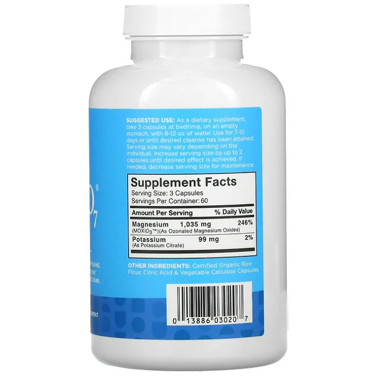 ARL007 | Back of white supplement bottle with blue label showing Supplement Facts panel, serving size and barcode