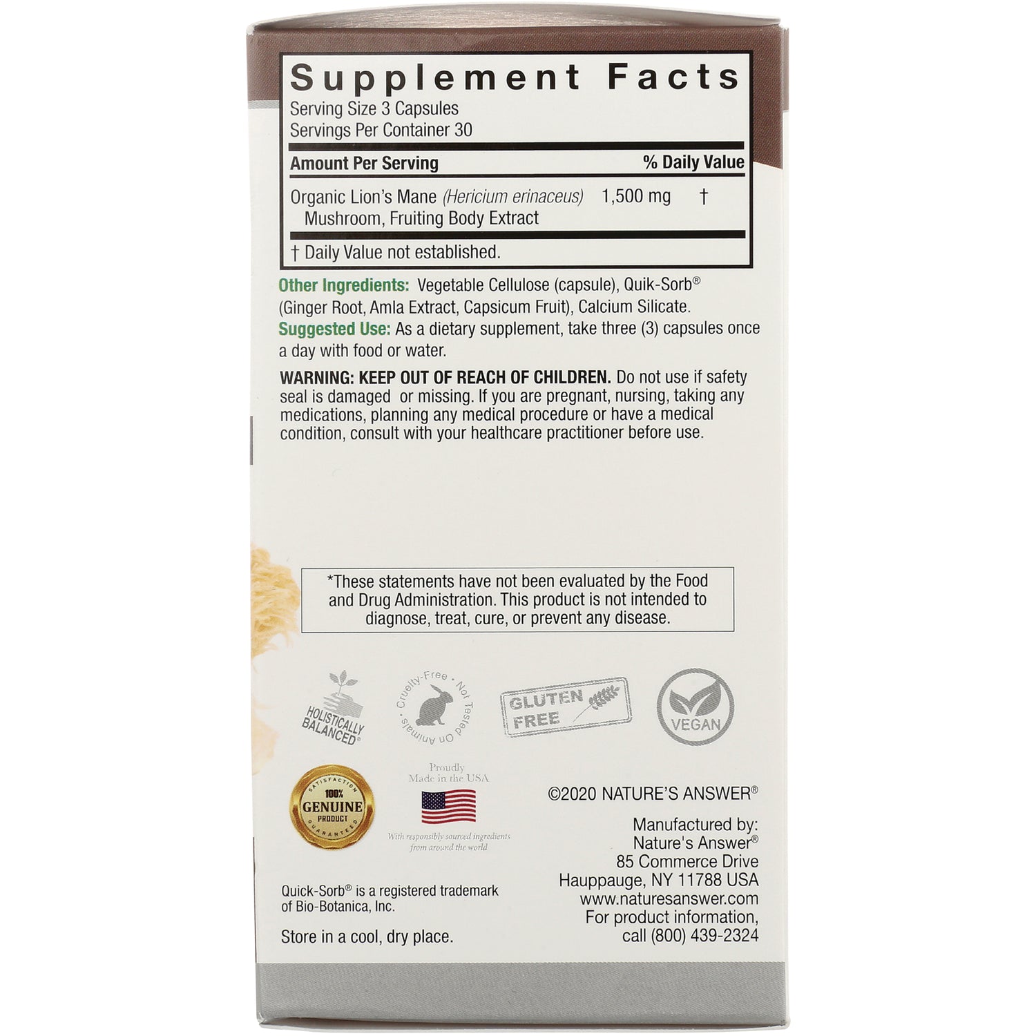 NAT408 | Supplement Facts panel, ingredients, warnings, and certification icons on product back