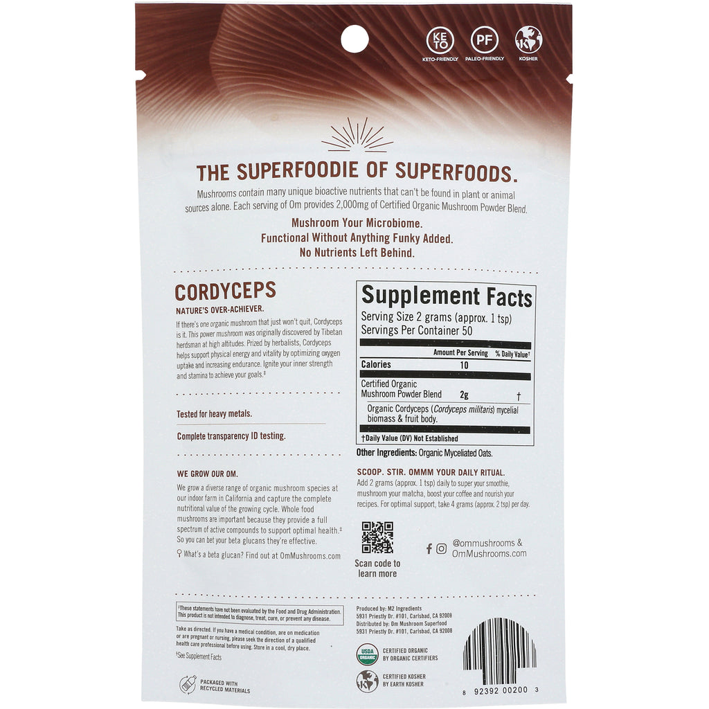 MMX003 | Back of Cordyceps supplement pouch showing supplement facts panel, product description, and barcode - Thumbnail