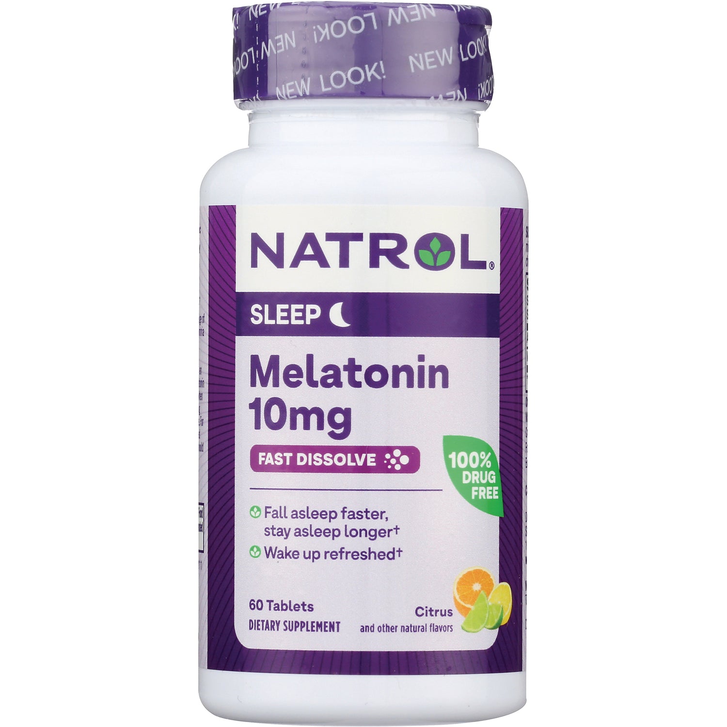 NA619 | Natrol Melatonin 10mg fast dissolve tablets bottle, citrus flavor, 60 count front label