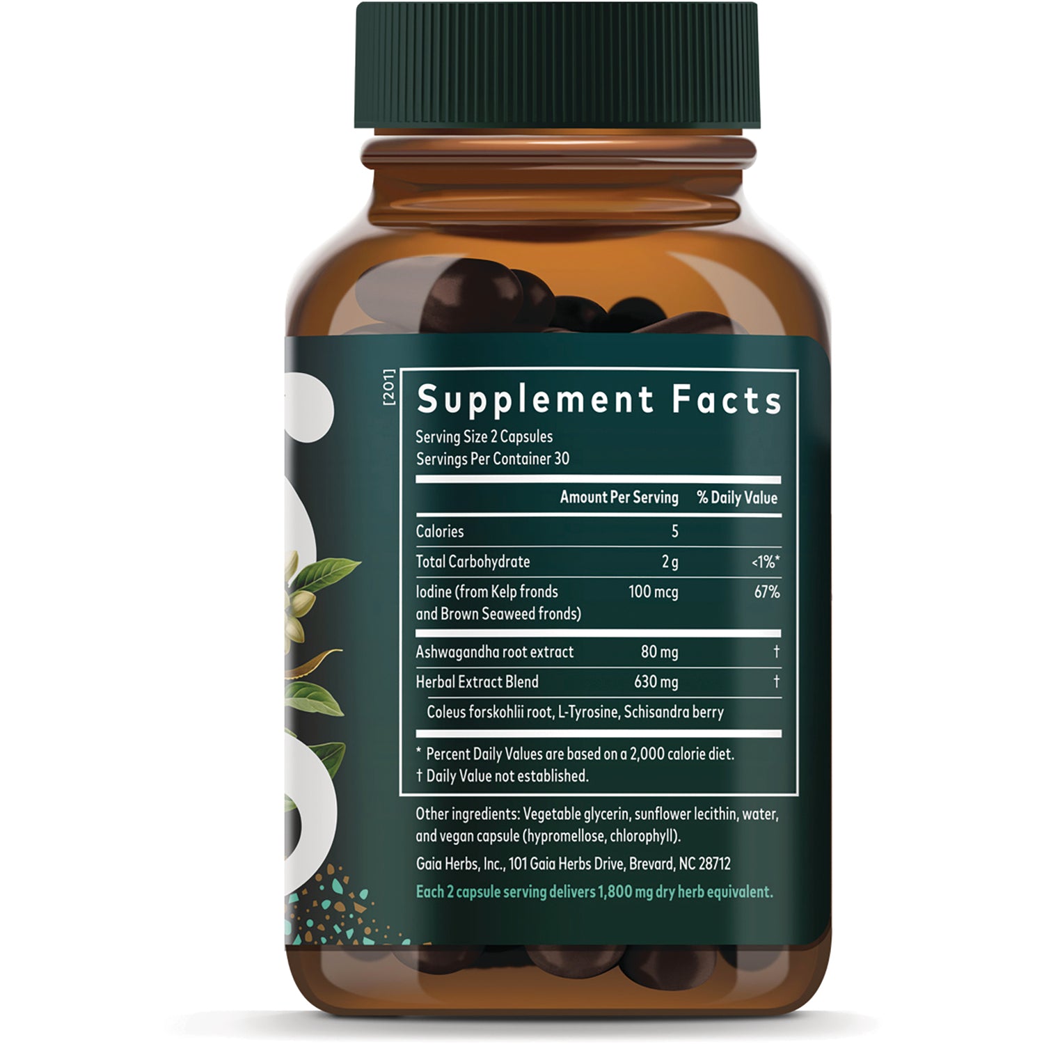 Supplement facts and suggested use panel showing serving size, ingredients, iodine and ashwagandha amounts and usage directions