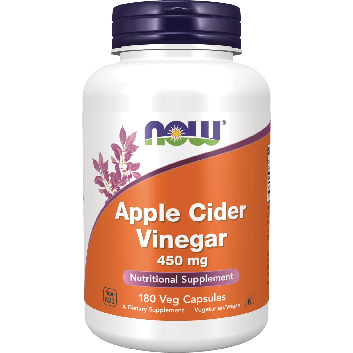 NWF526 | NOW Apple Cider Vinegar 450 mg white bottle with orange label, 180 Veg Capsules nutritional supplement